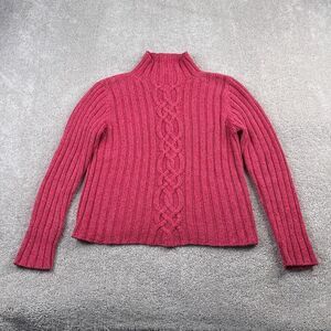 LL Bean Sweater Womens Small Pink Cable‎ Knit Chunky High Neck Pullover Cotton